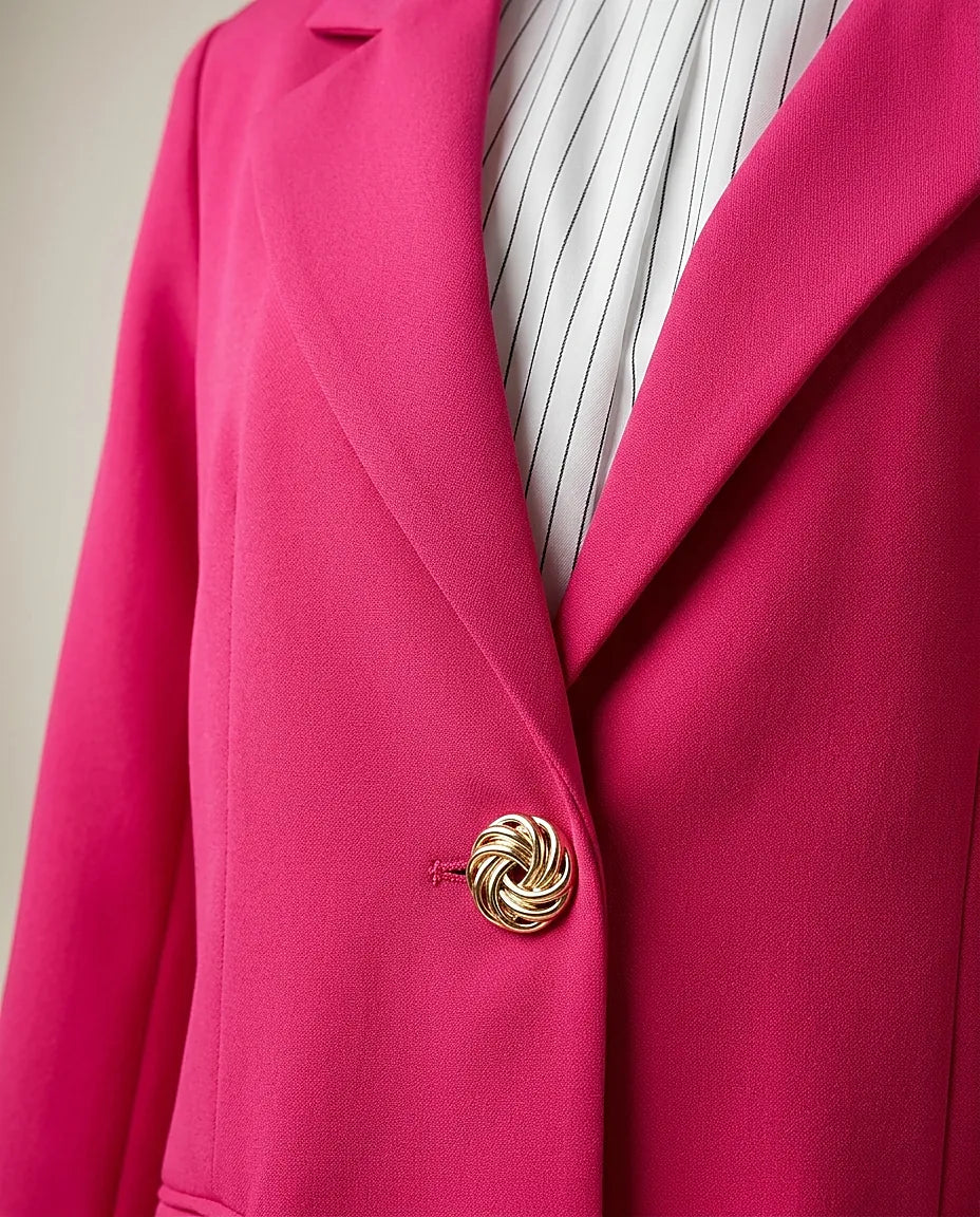 Sacou damă elegant-casual roz fucsia, cu nasture auriu decorativ și manșete dungi, croială lejeră
