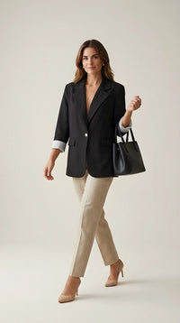 Sacou damă elegant negru cu rever clasic și mâneci suflecate cu dungi, stil casual-office, închidere cu un nasture auriu | Mira Style