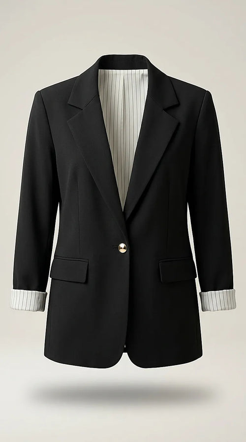 Sacou damă elegant negru cu rever clasic și mâneci suflecate cu dungi, stil casual-office, închidere cu un nasture auriu