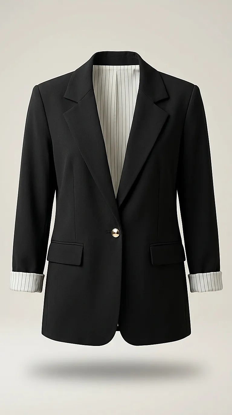 Sacou damă elegant negru cu rever clasic și mâneci suflecate cu dungi, stil casual-office, închidere cu un nasture auriu