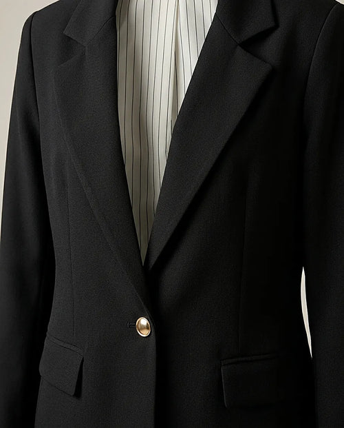 Sacou damă elegant negru cu rever clasic și mâneci suflecate cu dungi, stil casual-office, închidere cu un nasture auriu