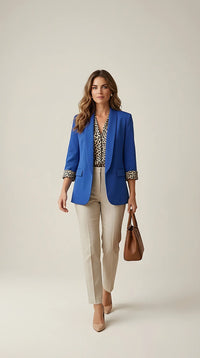 Sacou de damă elegant albastru royal, blazer casual cu căptușeală și manșete cu imprimeu leopard | Mira Style