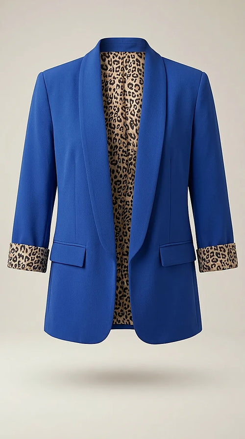 Sacou de damă elegant albastru royal, blazer casual cu căptușeală și manșete cu imprimeu leopard