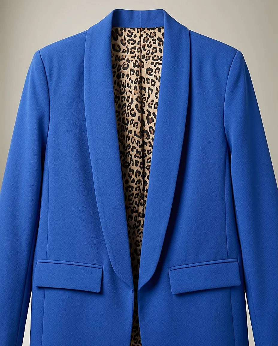 Sacou de damă elegant albastru royal, blazer casual cu căptușeală și manșete cu imprimeu leopard