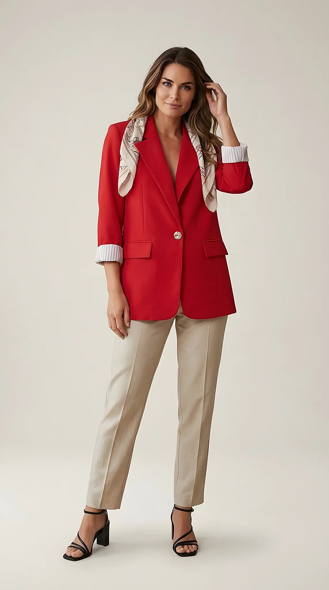 Sacou de damă elegant roșu, stil casual, cu nasture auriu și mâneci suflecate cu dungi, fabricat în italia - prato fashion
