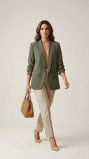 Sacou de damă elegant verde khaki, cu mâneci 3/4 încrețite și guler șal, model casual office