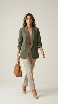 Sacou de damă elegant verde khaki, cu mâneci 3/4 încrețite și guler șal, model casual office | Mira Style