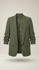 Sacou de damă elegant verde khaki, cu mâneci 3/4 încrețite și guler șal, model casual office