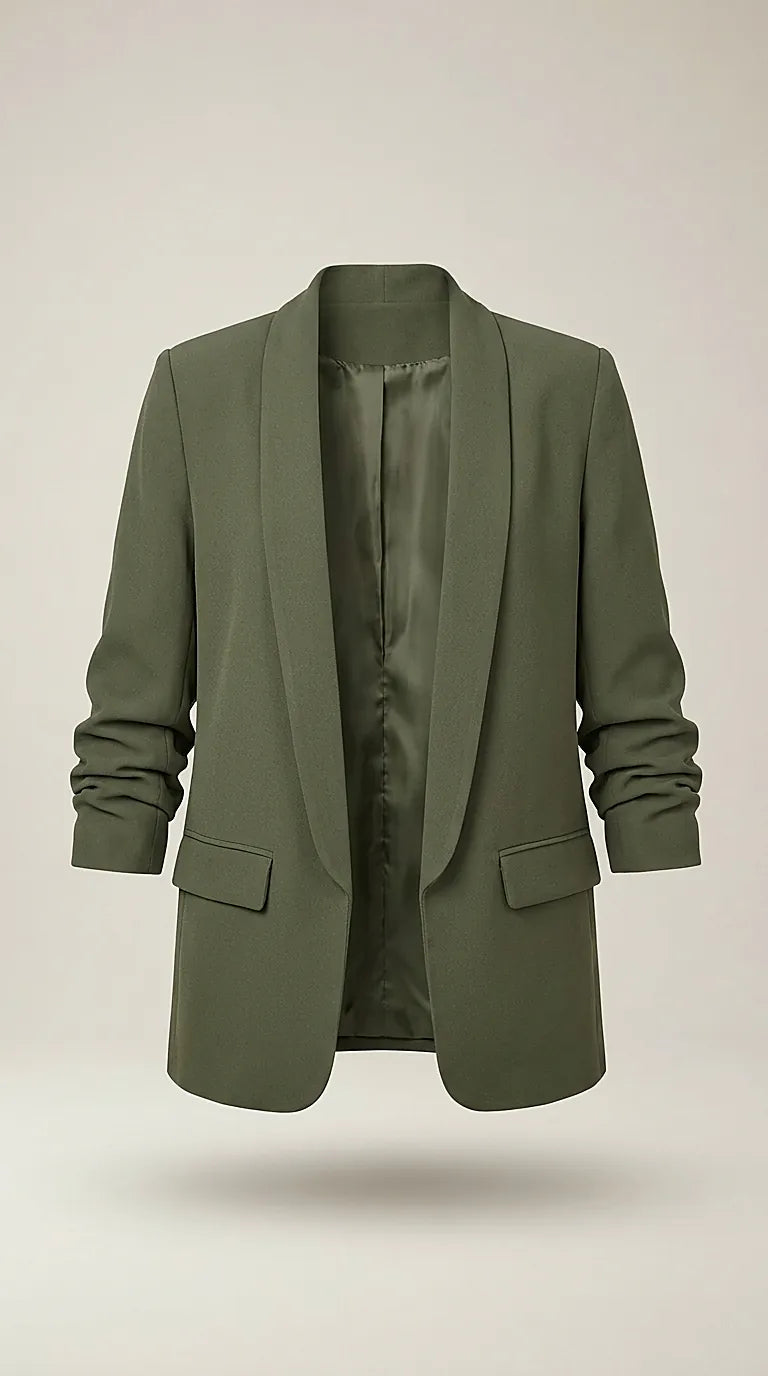 Sacou de damă elegant verde khaki, cu mâneci 3/4 încrețite și guler șal, model casual office