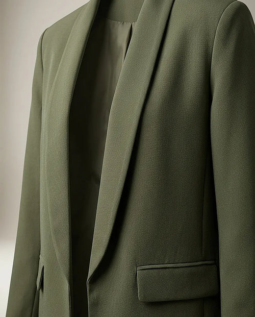 Sacou de damă elegant verde khaki, cu mâneci 3/4 încrețite și guler șal, model casual office