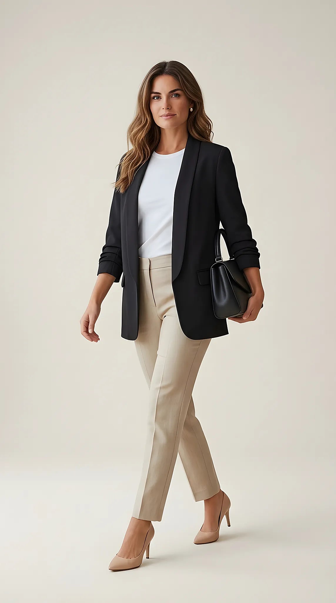 Sacou de damă negru elegant casual, model fără nasturi cu rever șal și mâneci trei sferturi, made in italy