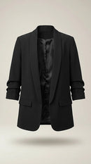 Sacou de damă negru elegant casual, model fără nasturi cu rever șal și mâneci trei sferturi, made in italy