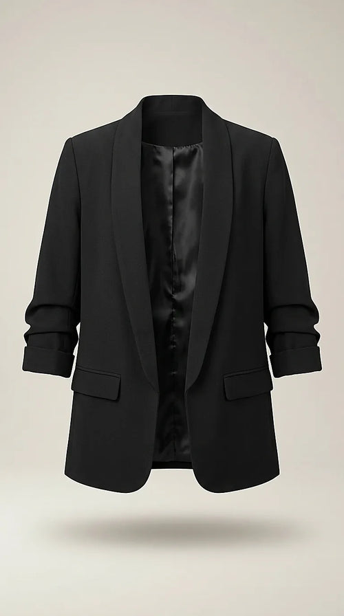 Sacou de damă negru elegant casual, model fără nasturi cu rever șal și mâneci trei sferturi, made in italy