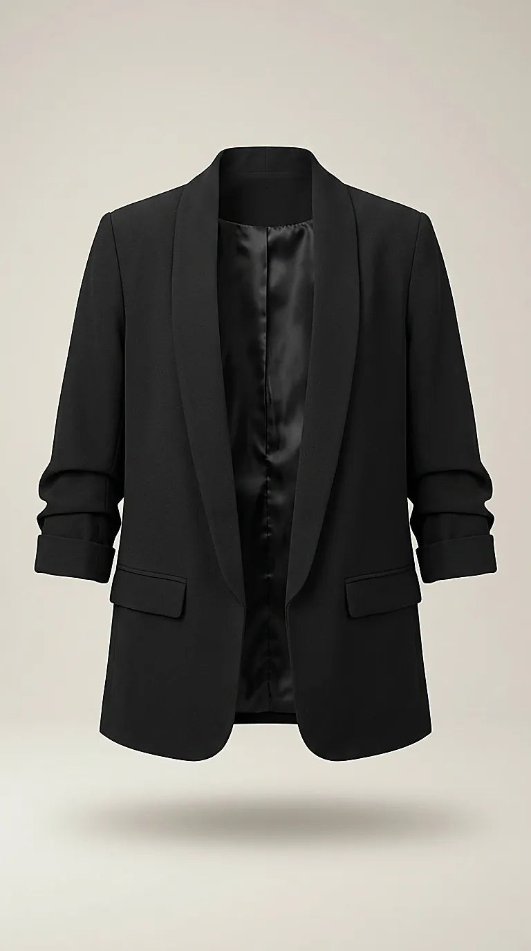 Sacou de damă negru elegant casual, model fără nasturi cu rever șal și mâneci trei sferturi, made in italy