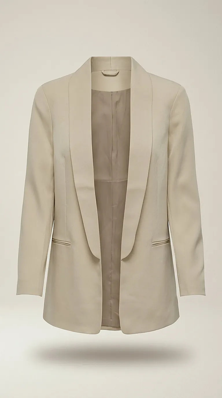 Sacou de damă only, tip blazer elegant bej, cu rever șal, croială deschisă, ideal pentru ținute office sau casual