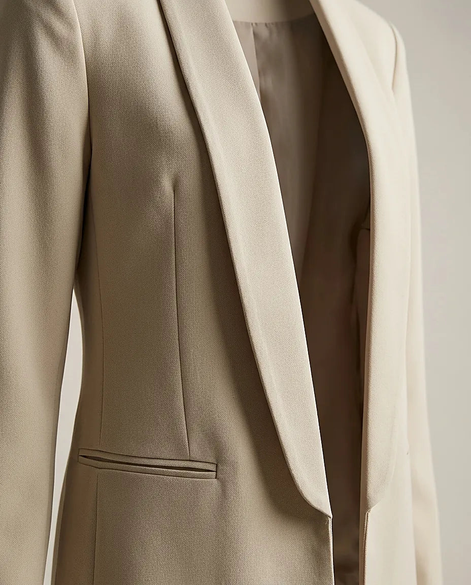 Sacou de damă only, tip blazer elegant bej, cu rever șal, croială deschisă, ideal pentru ținute office sau casual