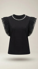 Top negru de damă cu mâneci volanate din tulle și guler decorat cu pietre strass, tricou elegant de bumbac