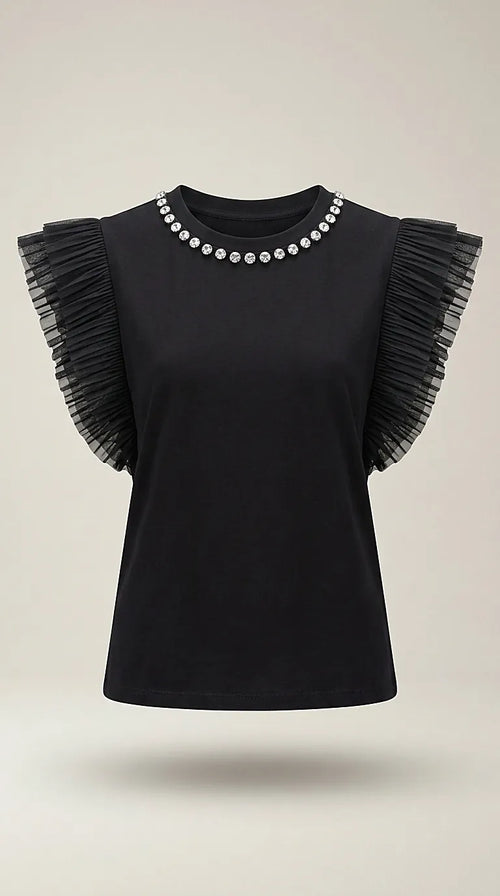 Top negru de damă cu mâneci volanate din tulle și guler decorat cu pietre strass, tricou elegant de bumbac