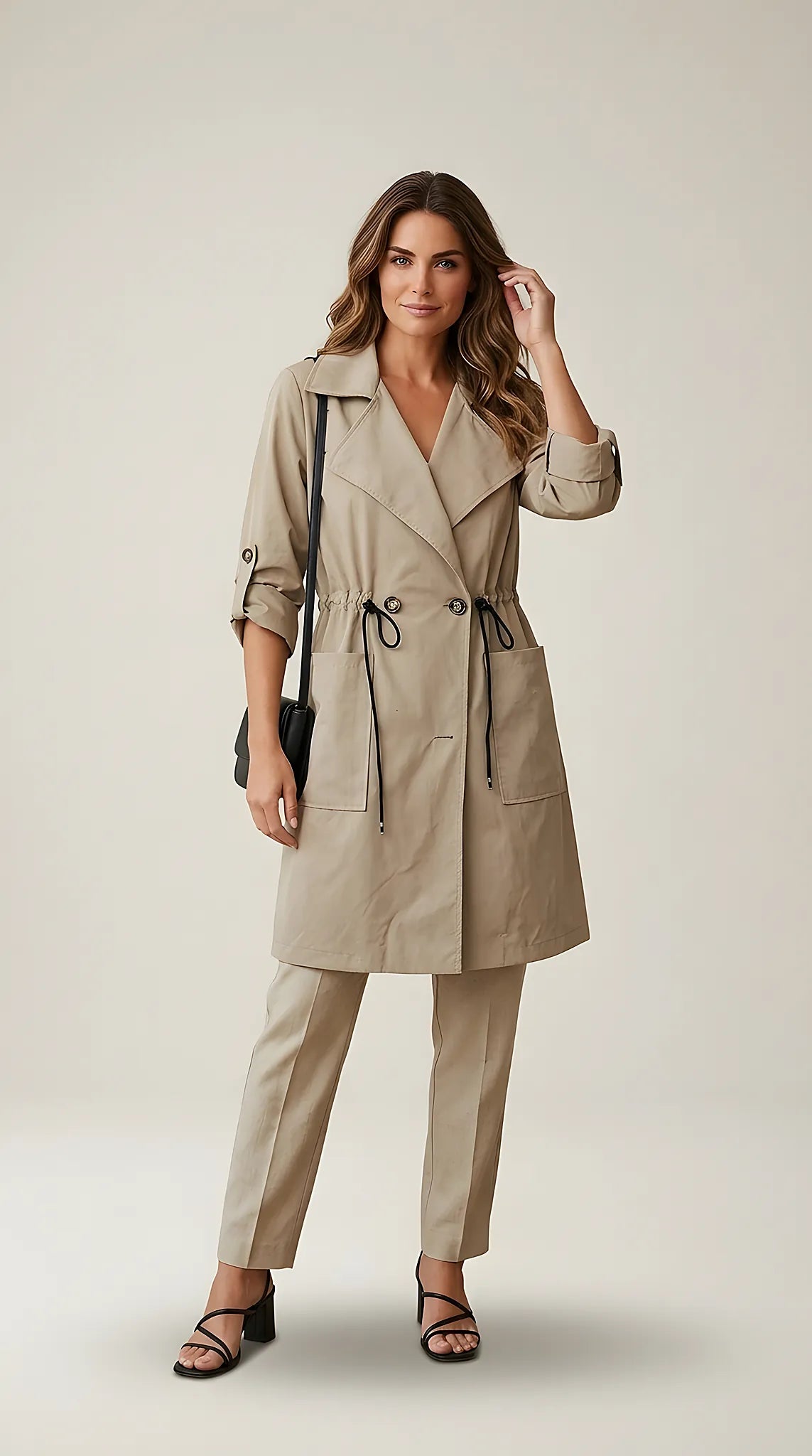 Trench de damă bej stil parka, cu șnur reglabil în talie și mâneci 3/4, jachetă casual de primăvară-toamnă, colecție nouă italia