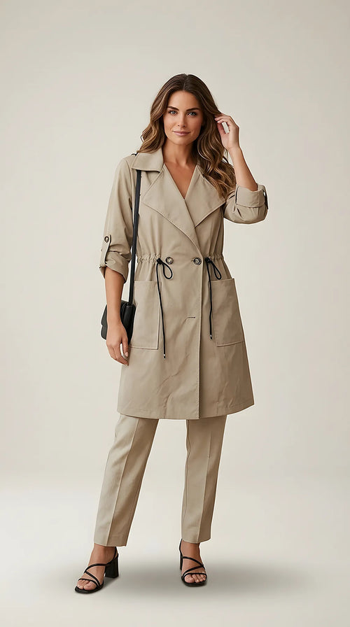 Trench de damă bej stil parka, cu șnur reglabil în talie și mâneci 3/4, jachetă casual de primăvară-toamnă, colecție nouă italia