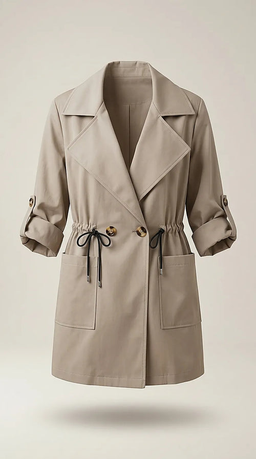 Trench de damă bej stil parka, cu șnur reglabil în talie și mâneci 3/4, jachetă casual de primăvară-toamnă, colecție nouă italia