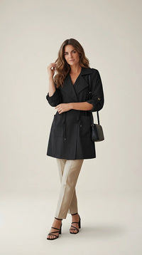 Trench de damă negru stil casual cu două rânduri de nasturi și cordon în talie, mâneci 3/4 reglabile, made in italy | Mira Style