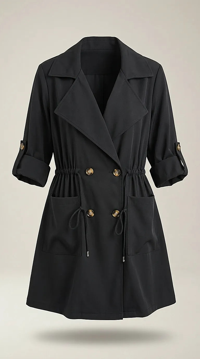 Trench de damă negru stil casual cu două rânduri de nasturi și cordon în talie, mâneci 3/4 reglabile, made in italy