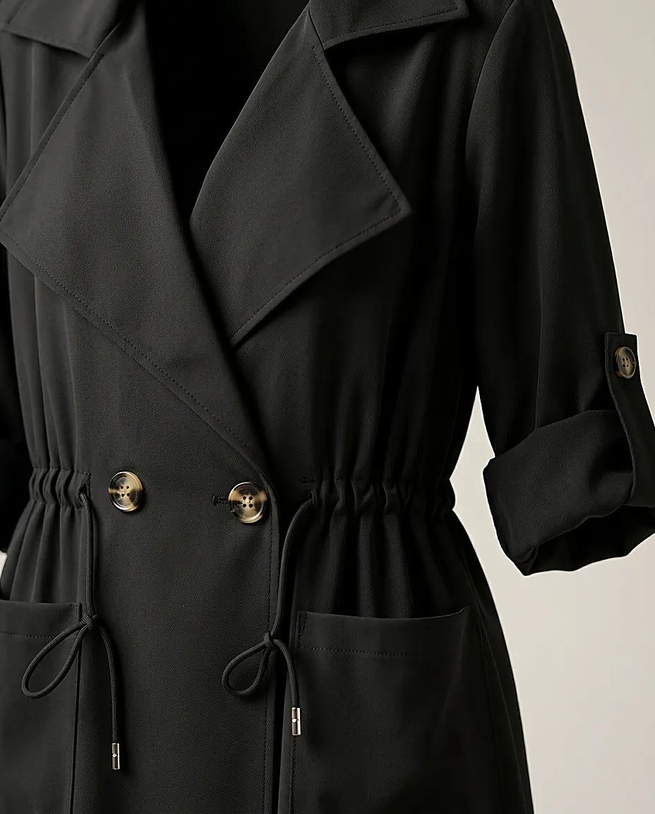 Trench de damă negru stil casual cu două rânduri de nasturi și cordon în talie, mâneci 3/4 reglabile, made in italy