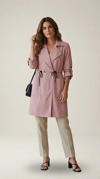 Trench de damă roz prafuit cu șnur în talie și mâneci reglabile, stil casual-elegant, made in italy | Mira Style