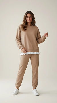 Trening damă casual bej din două piese cu bluză oversize cu inserție albă și pantaloni jogger | Mira Style