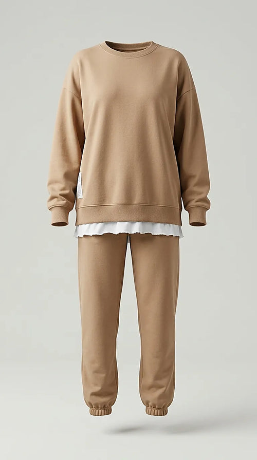 Trening damă casual bej din două piese cu bluză oversize cu inserție albă și pantaloni jogger