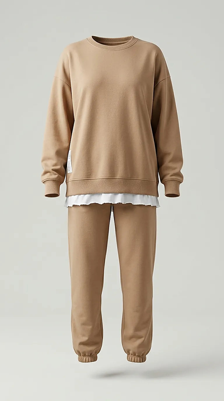 Trening damă casual bej din două piese cu bluză oversize cu inserție albă și pantaloni jogger