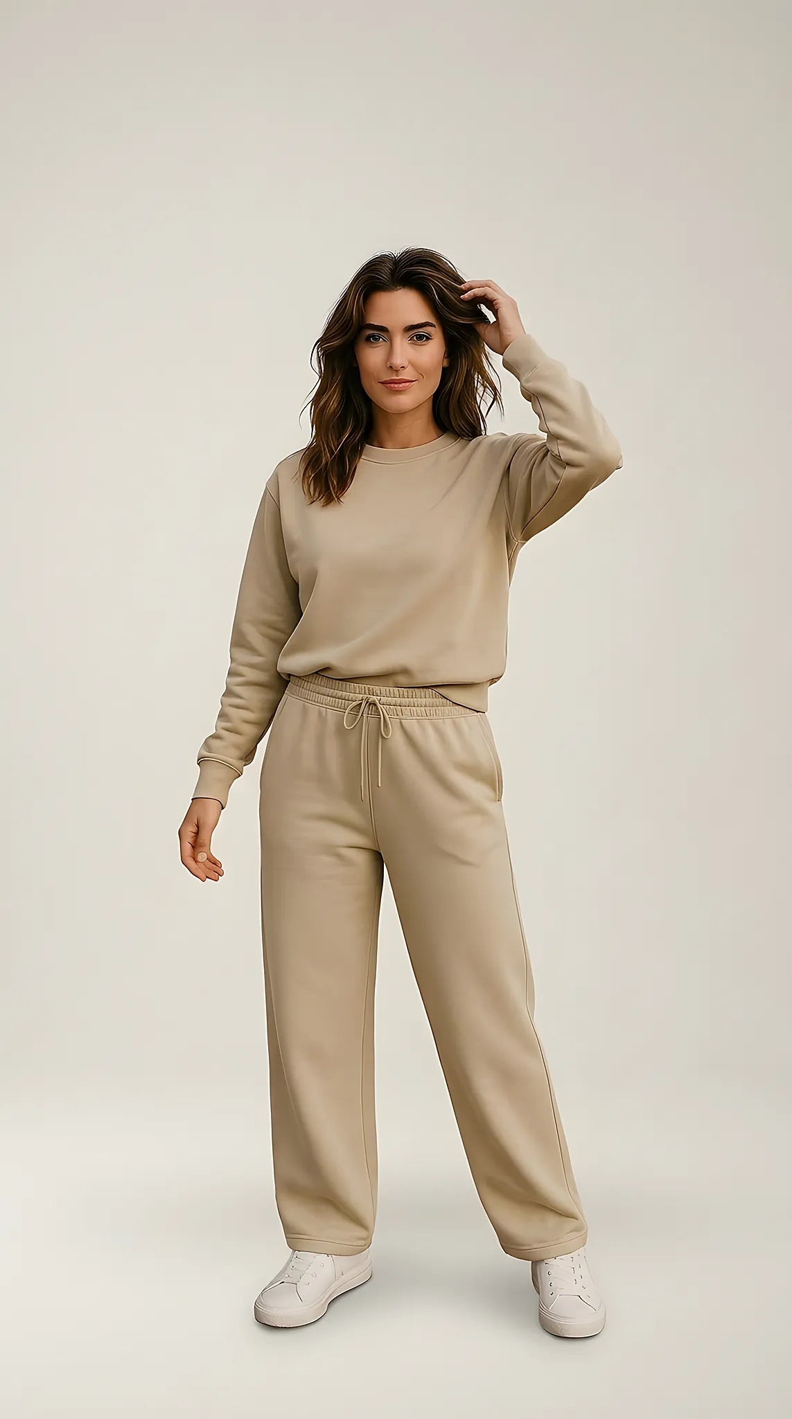 Trening de damă bej din bumbac - compleu casual cu bluză guler rotund și pantaloni largi | Mira Style