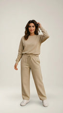 Trening de damă bej din bumbac, compleu casual cu bluză guler rotund și pantaloni largi