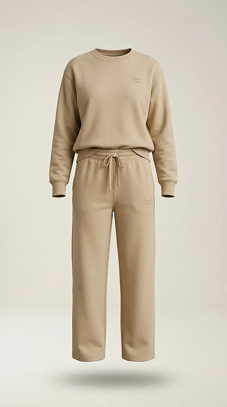 Trening de damă bej din bumbac - compleu casual cu bluză guler rotund și pantaloni largi | Mira Style