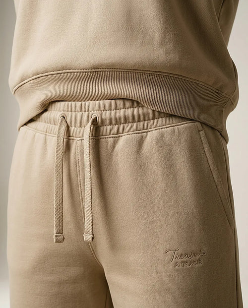 Trening de damă bej din bumbac, compleu casual cu bluză guler rotund și pantaloni largi