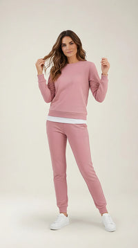 Trening de damă complet roz prăfuit din bumbac, set casual sport cu bluză și pantaloni jogger cu logo mc | Mira Style