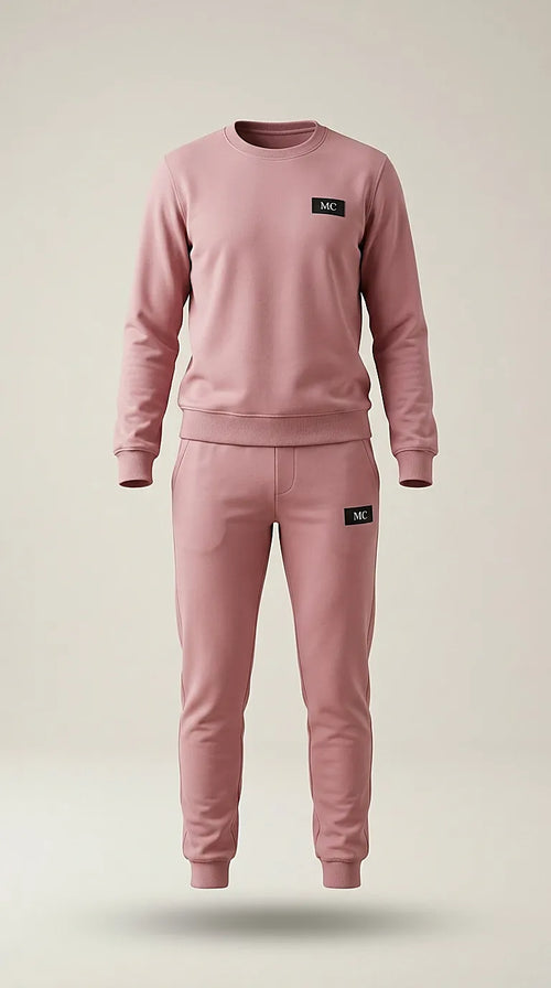 Trening de damă complet roz prăfuit din bumbac, set casual sport cu bluză și pantaloni jogger cu logo mc