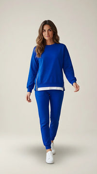 Trening de damă din două piese albastru royal, complet sport-casual cu bluză cu fermoare laterale și pantaloni slim fit | Mira Style