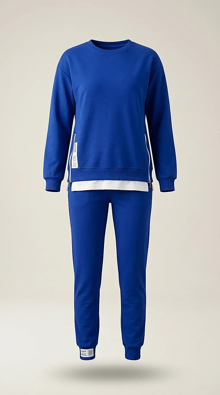 Trening de damă din două piese albastru royal, complet sport-casual cu bluză cu fermoare laterale și pantaloni slim fit