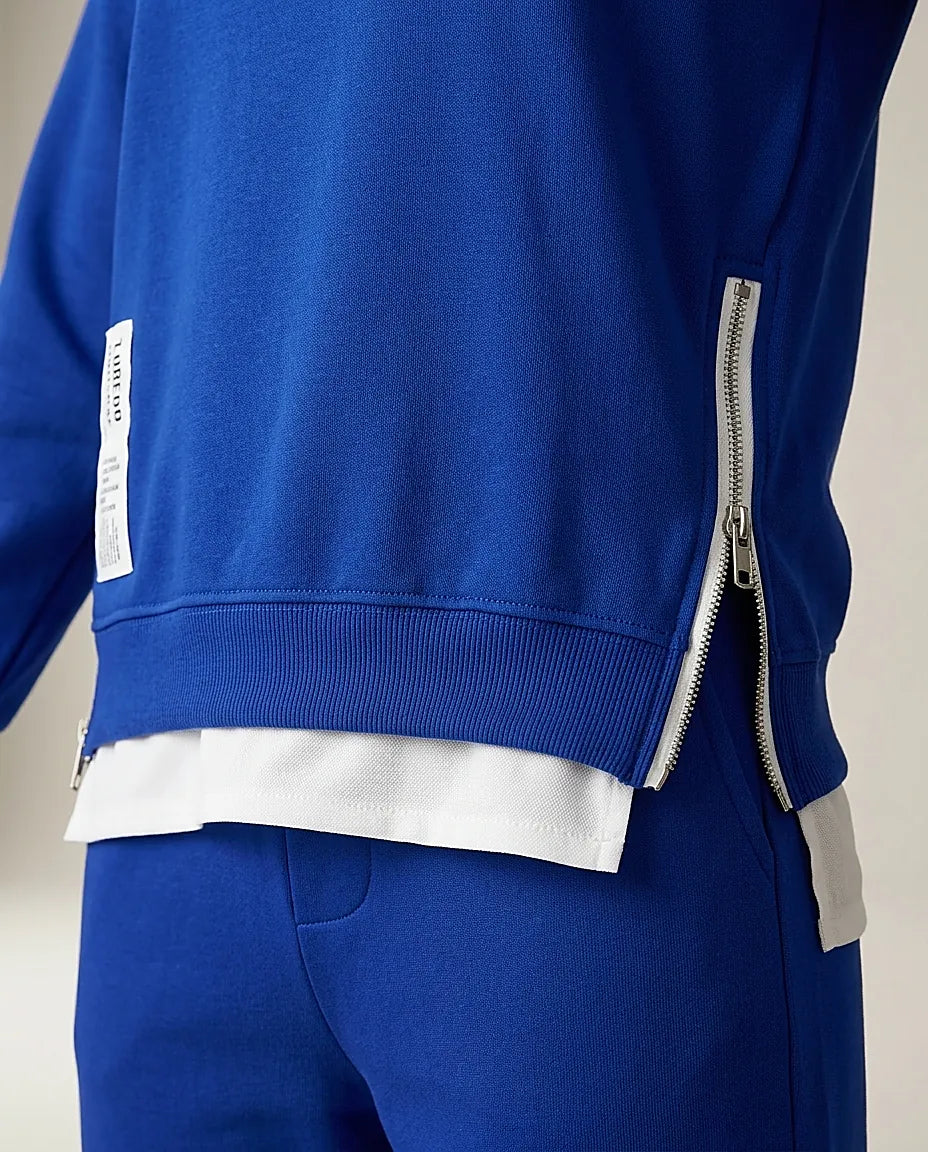 Trening de damă din două piese albastru royal, complet sport-casual cu bluză cu fermoare laterale și pantaloni slim fit