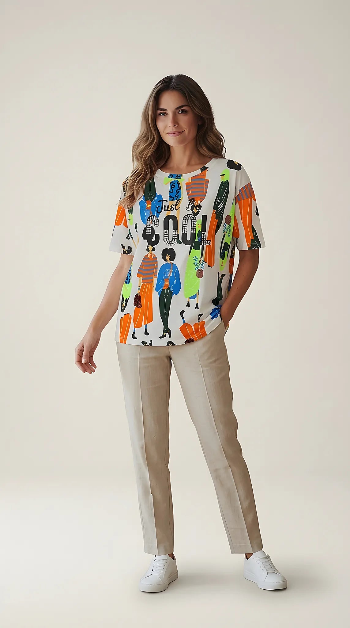 Tricou alb damă cu imprimeu artistic multicolor 'fashion people' și text 'just be cool' cu aplicații de strasuri