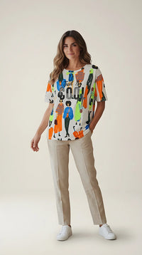 Tricou alb damă cu imprimeu artistic multicolor 'fashion people' si text 'just be cool' cu aplicații de strasuri | Mira Style