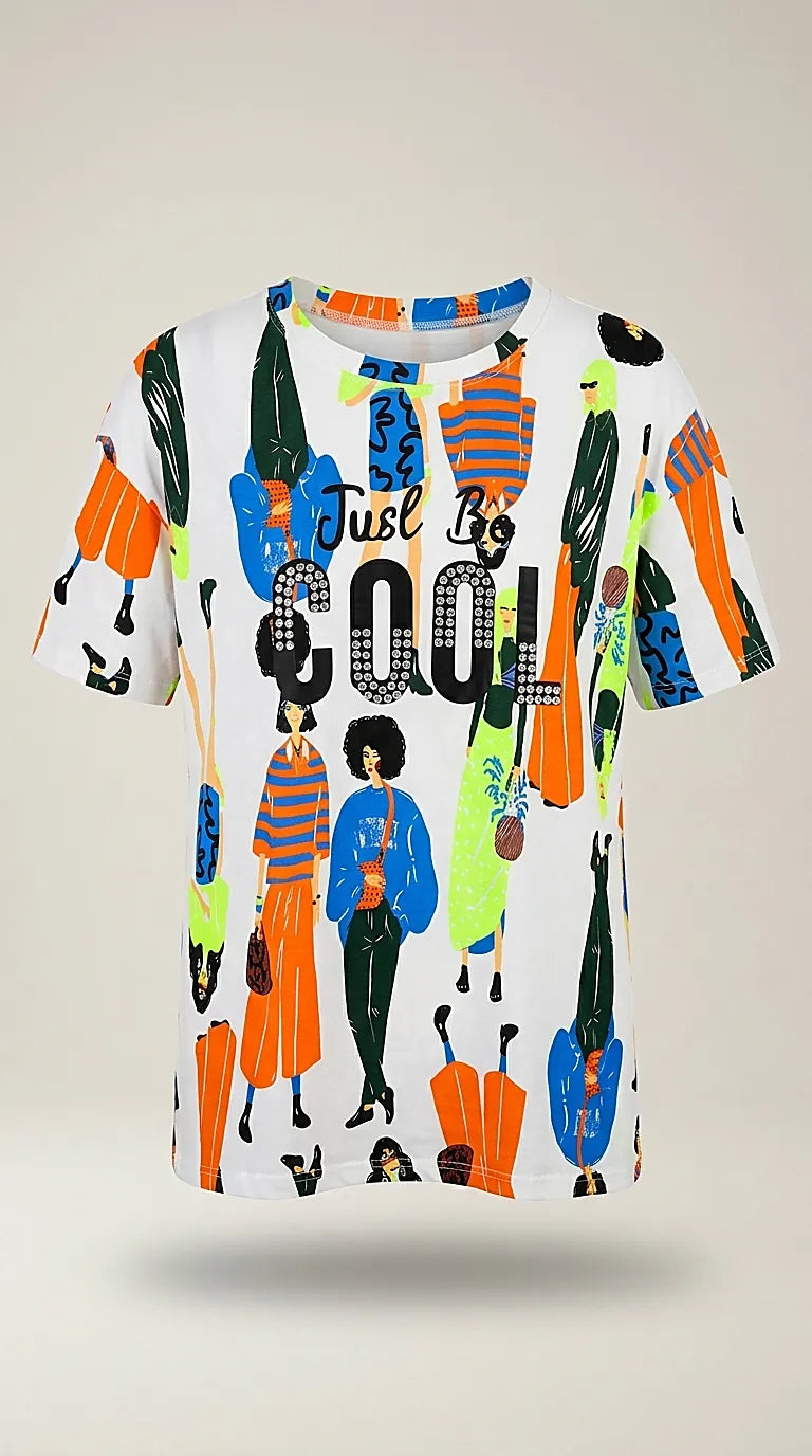 Tricou alb damă cu imprimeu artistic multicolor 'fashion people' si text 'just be cool' cu aplicații de strasuri | Mira Style