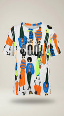 Tricou alb damă cu imprimeu artistic multicolor 'fashion people' și text 'just be cool' cu aplicații de strasuri