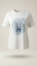 Tricou alb de damă cu imprimeu grafic buchet de lavandă și detalii argintii cu sclipici, guler rotund, mânecă scurtă