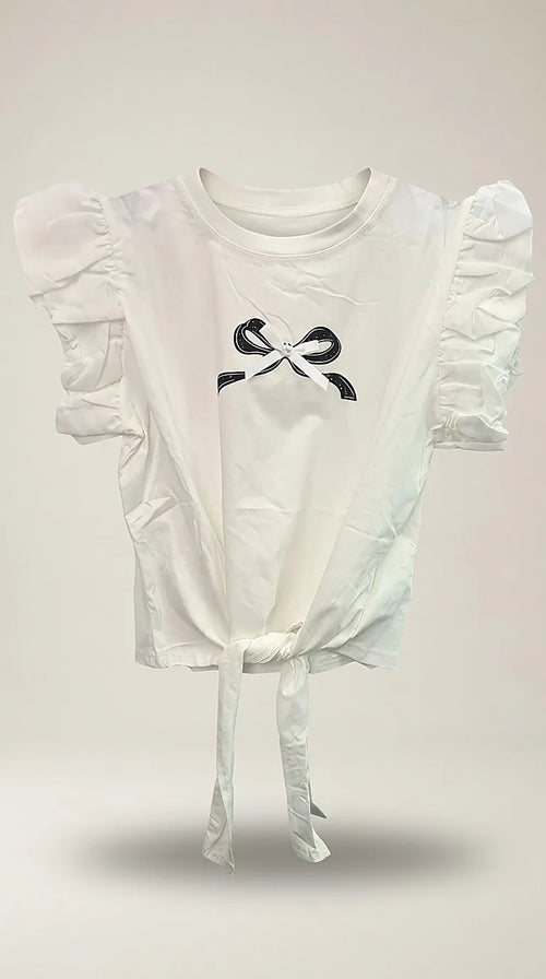 Tricou alb de damă cu mâneci scurte cu volane, imprimeu fundă și nod decorativ în față