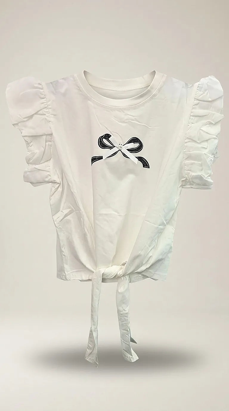 Tricou alb de damă cu mâneci scurte cu volane, imprimeu fundă și nod decorativ în față