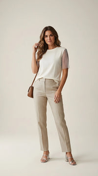 Tricou alb de damă cu mâneci scurte din plasă cu strasuri, bluză elegantă și casual-chic cu detalii strălucitoare | Mira Style
