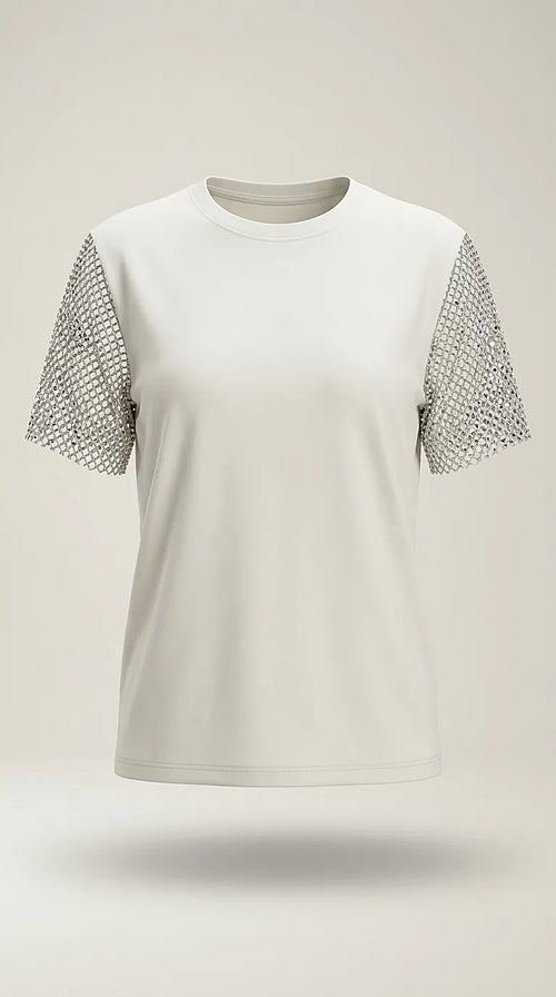 Tricou alb de damă cu mâneci scurte din plasă cu strasuri, bluză elegantă și casual-chic cu detalii strălucitoare